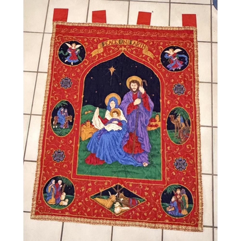 Handmade Quilted Nativity Wall Hanging Peace On Earth Cranston 27.5x35